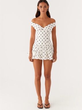Peppermayo Polka Dot Off-Shoulder Mini Dress — White with Black Dots